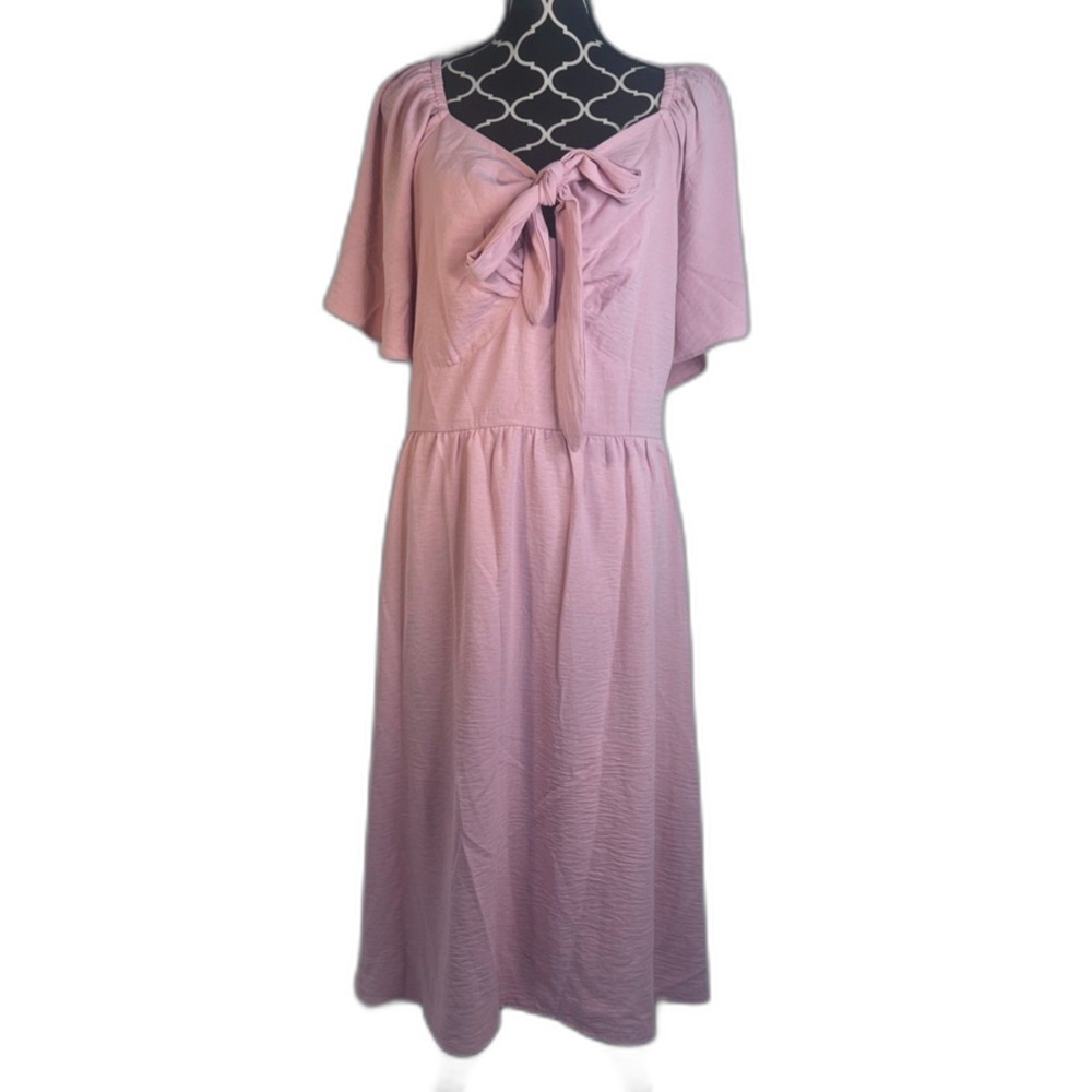 Kim Curvy Pink Flutter Sleeve Tie Front Fit & Flare Cottage Core Dress Size 24W